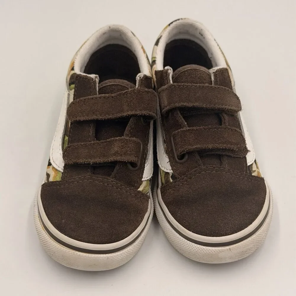 Vans Old Skool V Toddler 9 Painted Camo Brown Suede Hook & Loop Sneakers Shoes
